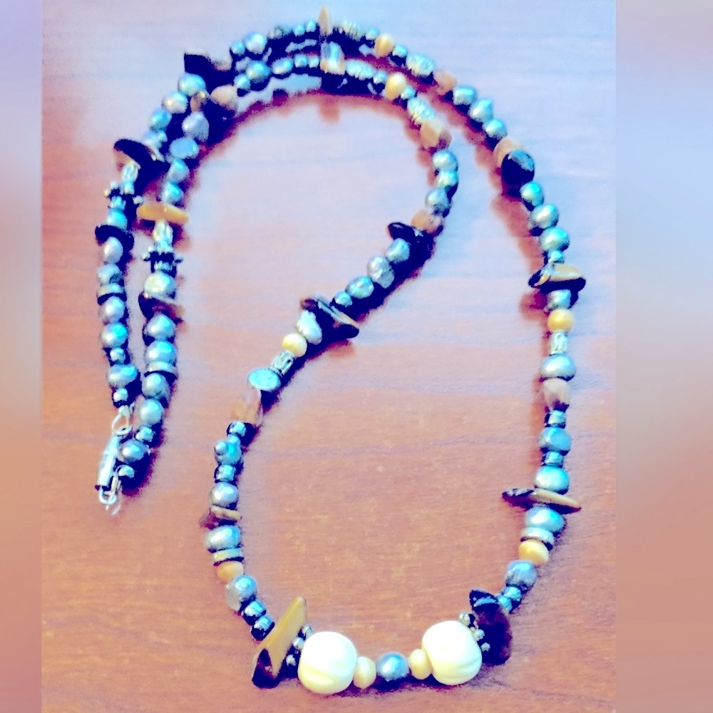 Necklace Peacock & Freshwater Pearls, w carved Bone, Tiger Eye, Wood 22” artisan